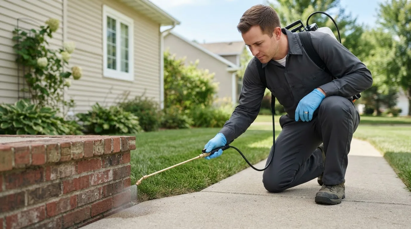 Pest control technician treating a home near Portis, KS
