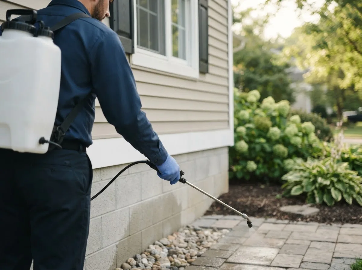 Pest control technician inspecting a home in Portis, KS